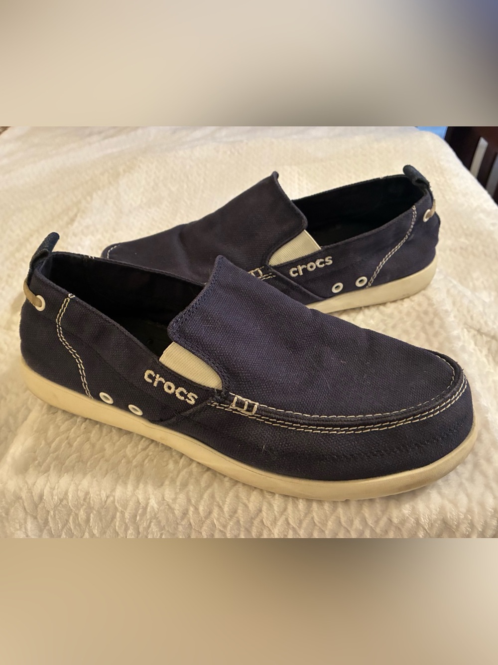CROCS Men's “Walu” Slip-On Canvas Loafers Boat Shoes Navy Blue EUC 12 Preppy